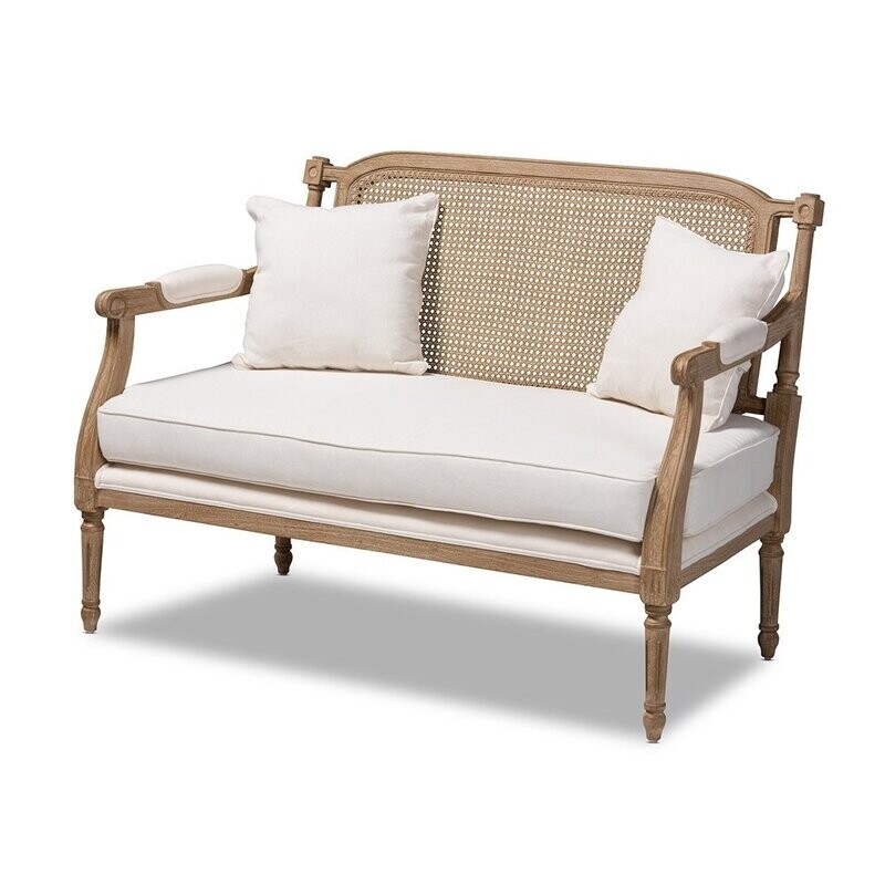 BAXTON STUDIO CLEMENCE FRENCH PROVINCIAL IVORY FABRIC UPHOLSTERED WHITEWASHED WOOD LOVESEAT