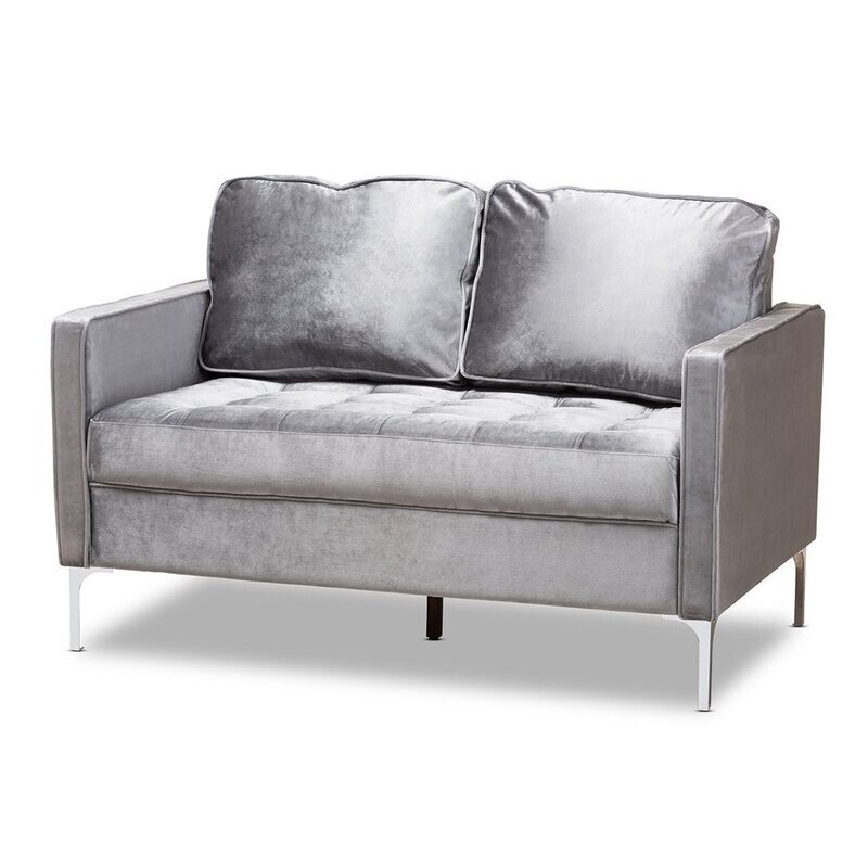 BAXTON STUDIO CLARA MODERN AND CONTEMPORARY GREY VELVET FABRIC UPHOLSTERED 2-SEATER LOVESEAT