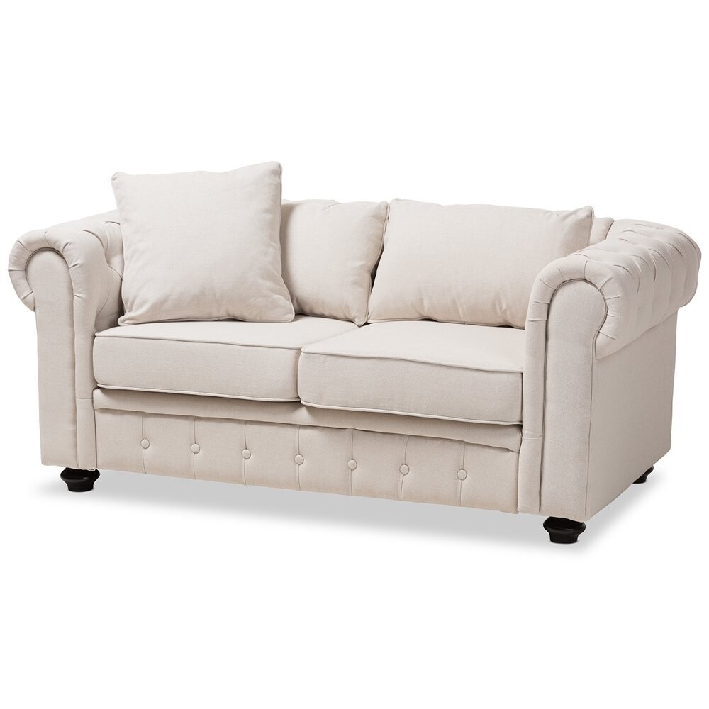 BAXTON STUDIO ALAISE MODERN CLASSIC BEIGE LINEN TUFTED SCROLL ARM CHESTERFIELD LOVESEAT