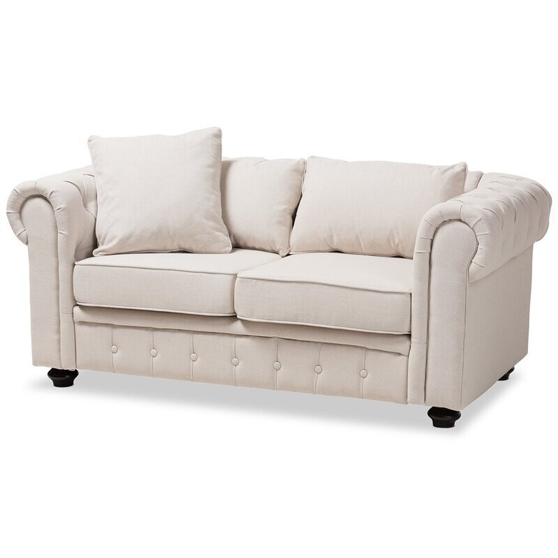 BAXTON STUDIO ALAISE MODERN CLASSIC BEIGE LINEN TUFTED SCROLL ARM CHESTERFIELD LOVESEAT