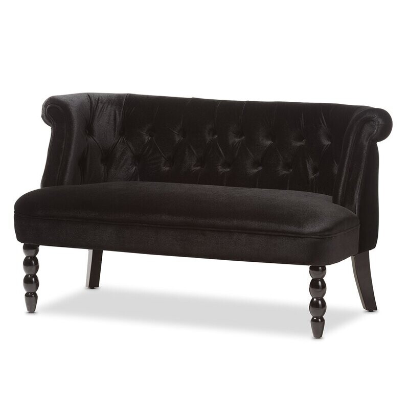 BAXTON STUDIO FLAX VICTORIAN STYLE CONTEMPORARY BLACK VELVET FABRIC UPHOLSTERED 2-SEATER LOVESEAT