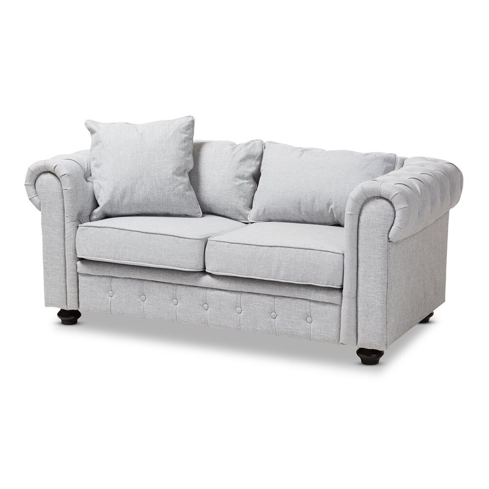 BAXTON STUDIO ALAISE MODERN CLASSIC GREY LINEN TUFTED SCROLL ARM CHESTERFIELD LOVESEAT