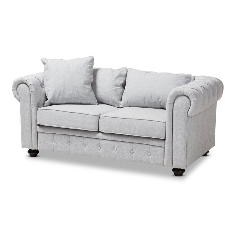 BAXTON STUDIO ALAISE MODERN CLASSIC GREY LINEN TUFTED SCROLL ARM CHESTERFIELD LOVESEAT