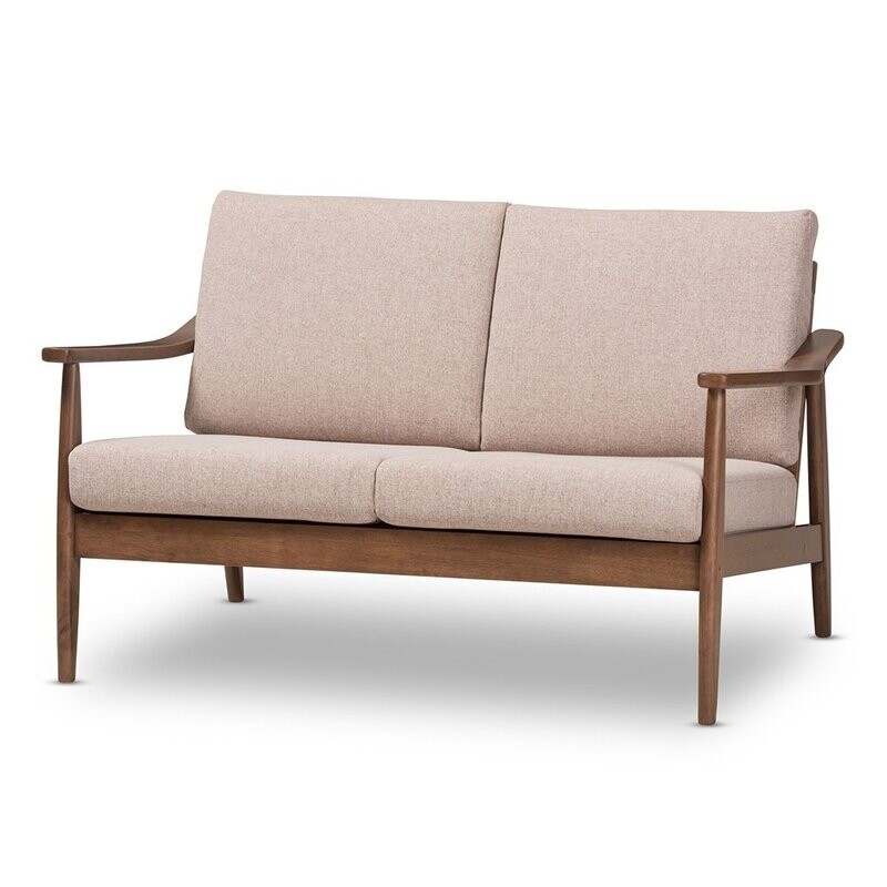 BAXTON STUDIO VENZA MID-CENTURY MODERN WALNUT WOOD LIGHT BROWN FABRIC UPHOLSTERED 2-SEATER LOVESEAT