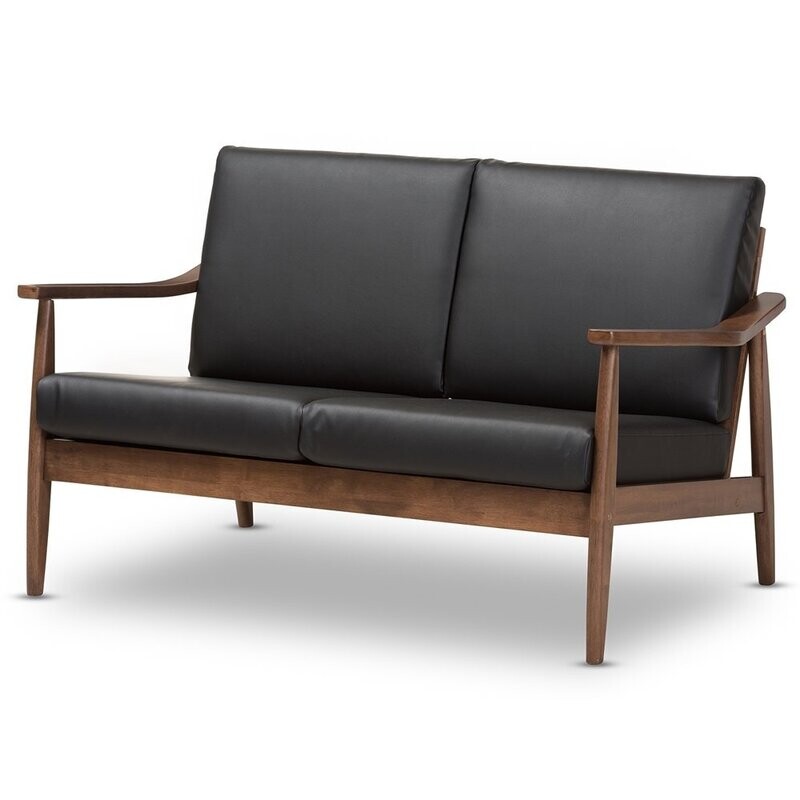 BAXTON STUDIO VENZA MID-CENTURY MODERN WALNUT WOOD BLACK FAUX LEATHER 2-SEATER LOVESEAT