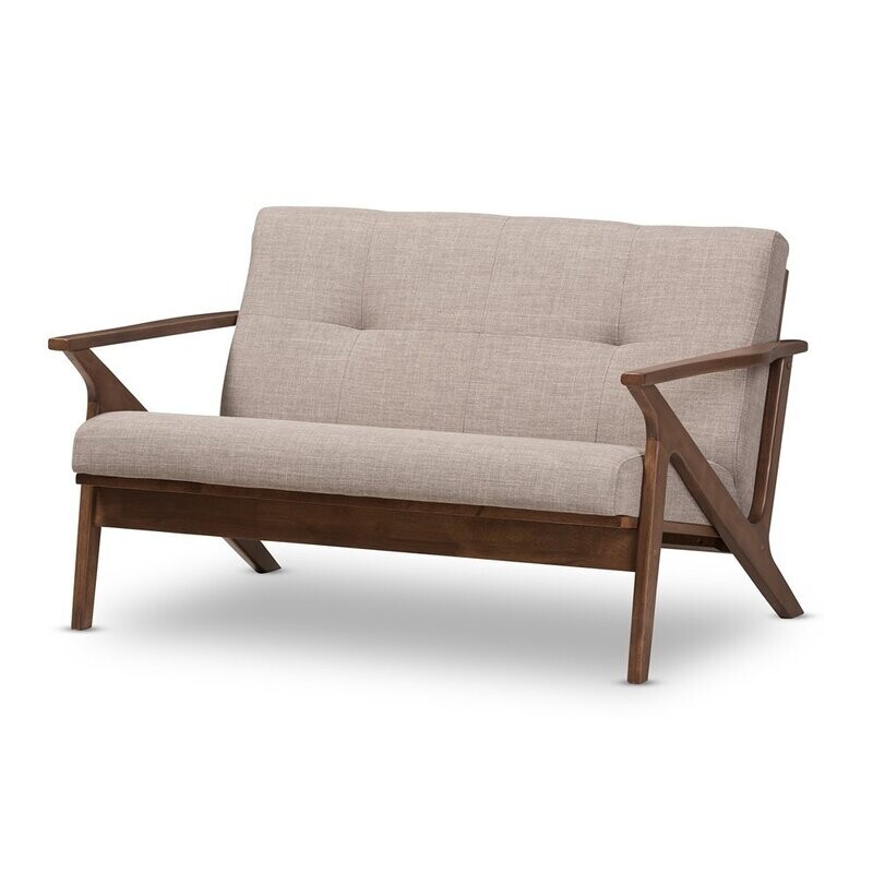 BAXTON STUDIO BIANCA MID-CENTURY MODERN WALNUT WOOD LIGHT GREY FABRIC TUFTED 2-SEATER LOVESEAT