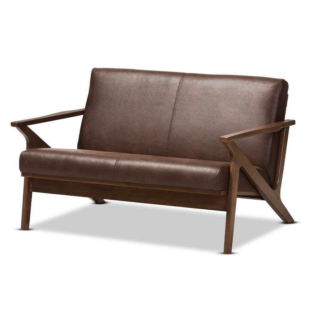 BAXTON STUDIO BIANCA MID-CENTURY MODERN WALNUT WOOD DARK BROWN DISTRESSED FAUX LEATHER 2-SEATER LOVESEAT
