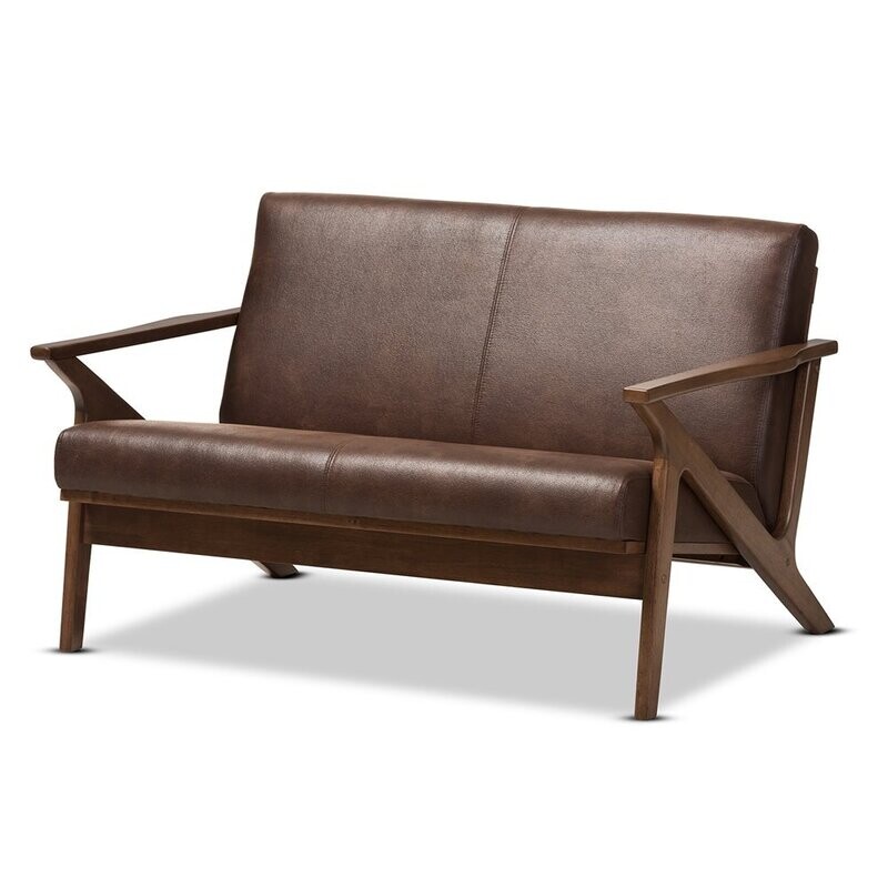 BAXTON STUDIO BIANCA MID-CENTURY MODERN WALNUT WOOD DARK BROWN DISTRESSED FAUX LEATHER 2-SEATER LOVESEAT