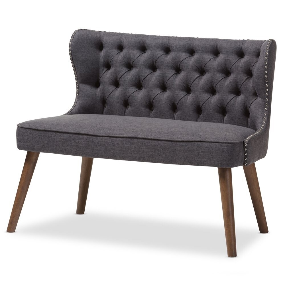 BAXTON STUDIO SCARLETT MID-CENTURY MODERN BROWN WOOD AND DARK GREY FABRIC UPHOLSTERED BUTTON-TUFTING WITH NAIL HEADS TRIM 2-SEATER LOVESEAT SETTEE