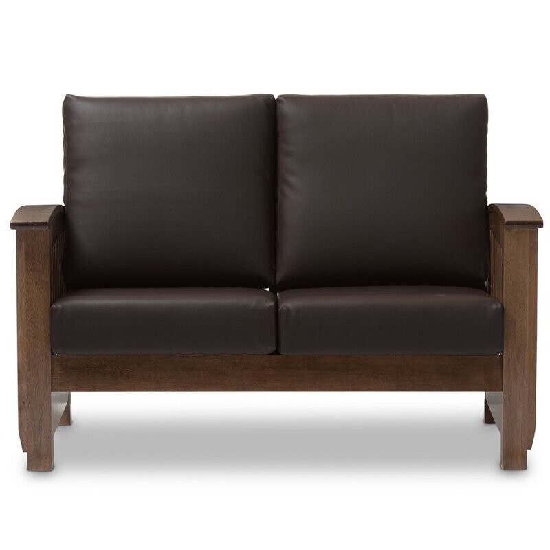 BAXTON STUDIO CHARLOTTE MODERN CLASSIC MISSION STYLE WALNUT BROWN WOOD AND DARK BROWN FAUX LEATHER 2-SEATER LOVESEAT
