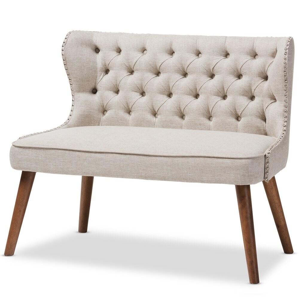 BAXTON STUDIO SCARLETT MID-CENTURY MODERN BROWN WOOD AND LIGHT BEIGE FABRIC UPHOLSTERED BUTTON-TUFTING WITH NAIL HEADS TRIM 2-SEATER LOVESEAT SETTEE