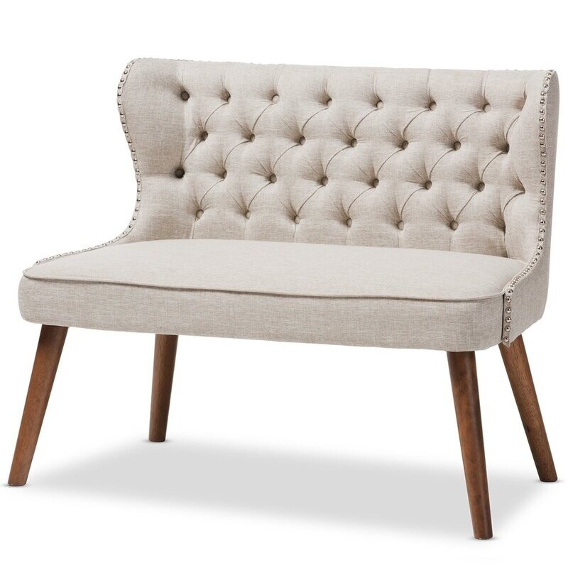BAXTON STUDIO SCARLETT MID-CENTURY MODERN BROWN WOOD AND LIGHT BEIGE FABRIC UPHOLSTERED BUTTON-TUFTING WITH NAIL HEADS TRIM 2-SEATER LOVESEAT SETTEE BAXTON STUDIO SCARLETT MID-CENTURY MODERN BROWN WOOD AND LIGHT BEIGE FABRIC UPHOLSTERED BUTTON-TUFTING WITH NAIL HEADS TRIM 2-SEATER LOVESEAT SETTEE
