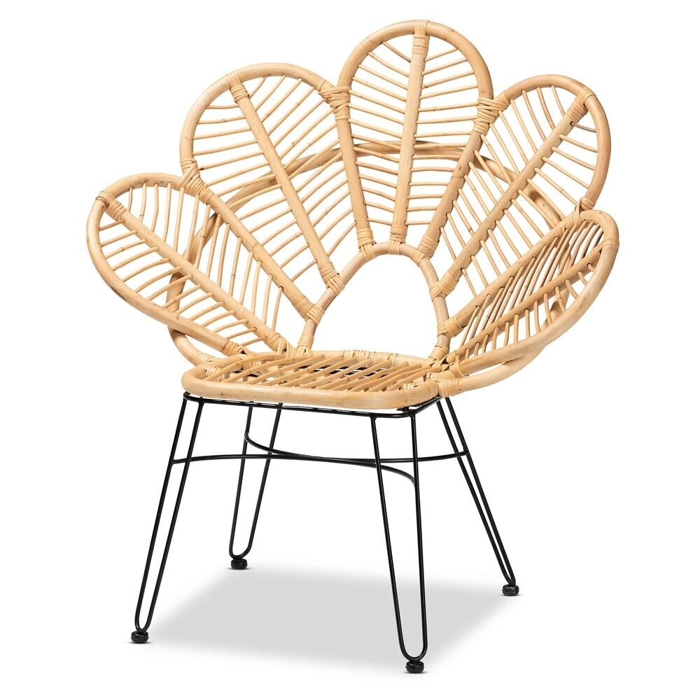 BAXTON STUDIO GARAN MODERN BOHEMIAN NATURAL BROWN RATTAN AND BLACK METAL ACCENT CHAIR
