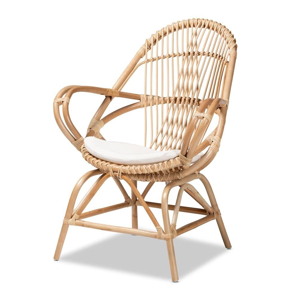 BAXTON STUDIO JAYDEN MODERN BOHEMIAN WHITE FABRIC UPHOLSTERED AND NATURAL BROWN FINISHED RATTAN ACCENT CHAIR
