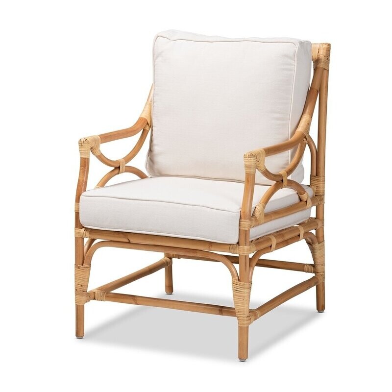 BAXTON STUDIO BRANDON MODERN BOHEMIAN WHITE FABRIC UPHOLSTERED AND NATURAL BROWN RATTAN ARMCHAIR