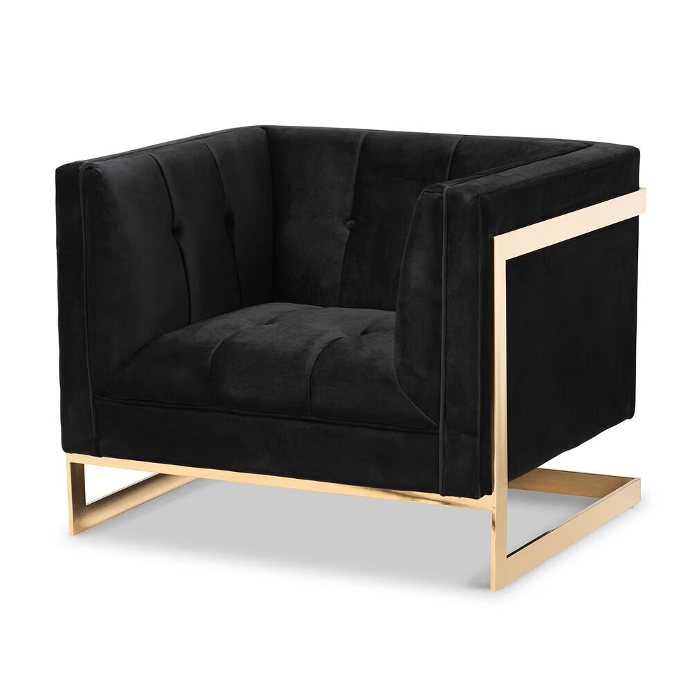 BAXTON STUDIO AMBRA GLAM AND LUXE BLACK VELVET FABRIC UPHOLSTERED AND BUTTON TUFTED ARMCHAIR WITH GOLD-TONE FRAME