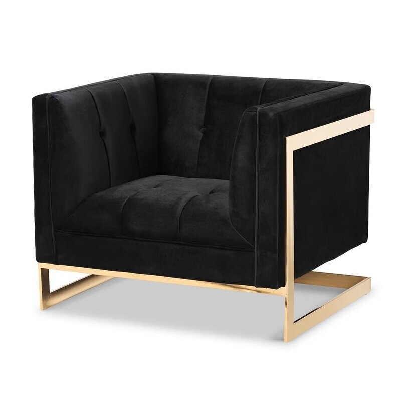 BAXTON STUDIO AMBRA GLAM AND LUXE BLACK VELVET FABRIC UPHOLSTERED AND BUTTON TUFTED ARMCHAIR WITH GOLD-TONE FRAME