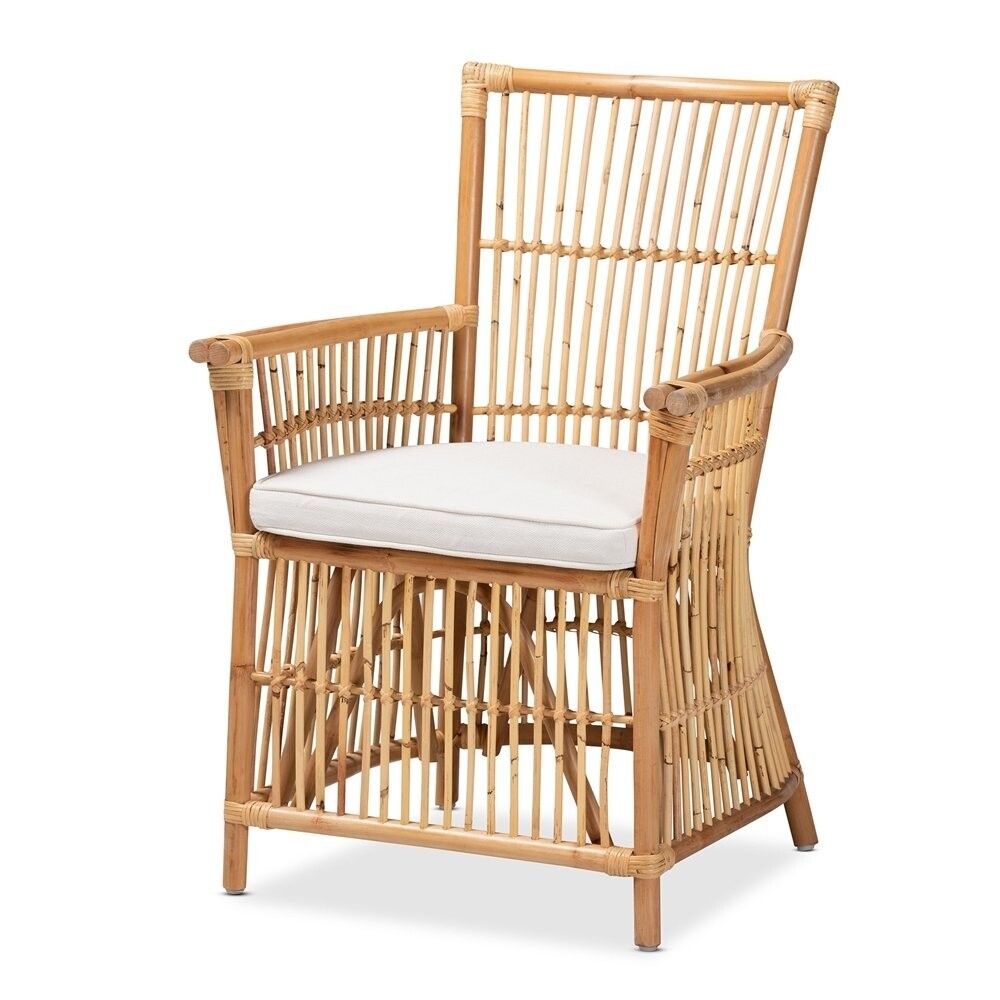 BAXTON STUDIO ROSE MODERN BOHEMIAN WHITE FABRIC UPHOLSTERED AND NATURAL BROWN RATTAN ARMCHAIR