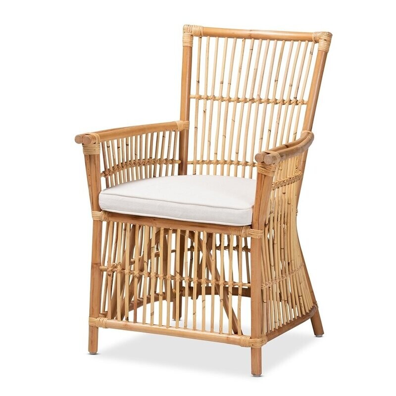 BAXTON STUDIO ROSE MODERN BOHEMIAN WHITE FABRIC UPHOLSTERED AND NATURAL BROWN RATTAN ARMCHAIR
