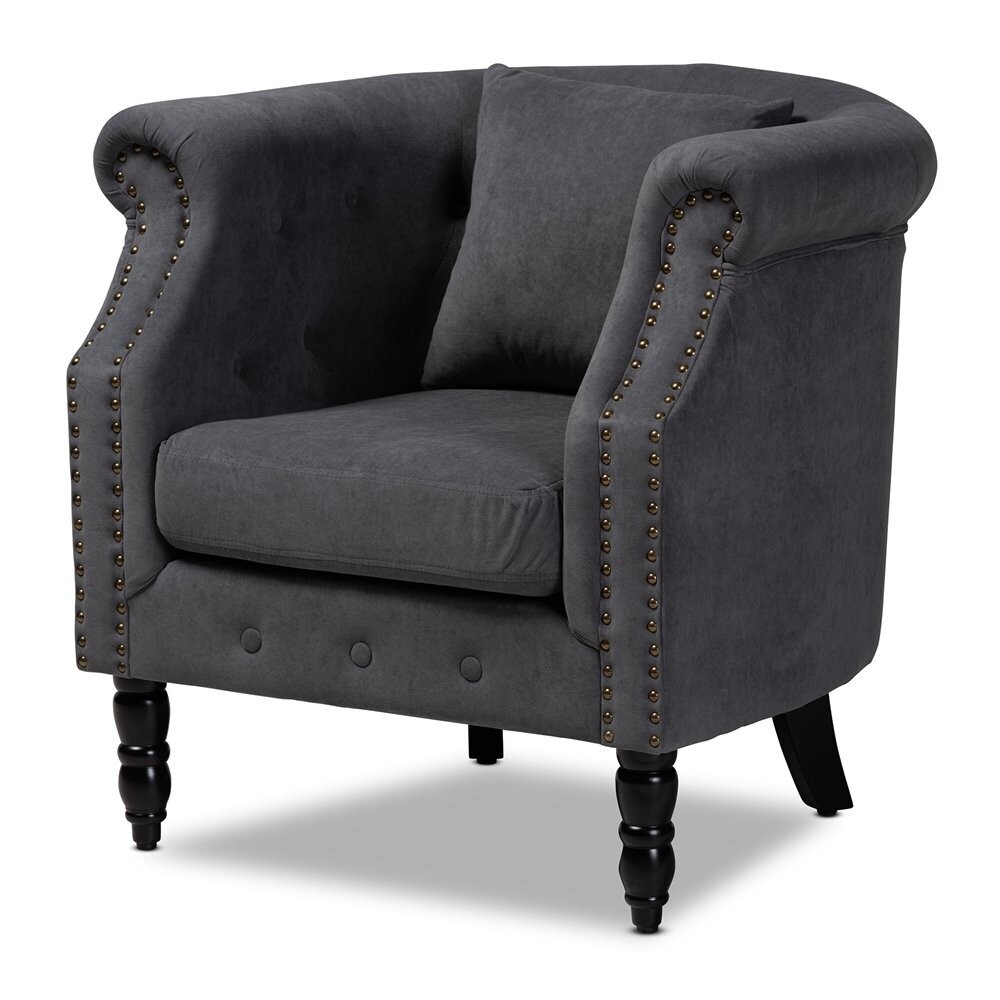 BAXTON STUDIO RENESSA CLASSIC AND TRADITIONAL GREY VELVET FABRIC UPHOLSTERED AND DARK BROWN FINISHED WOOD ARMCHAIR