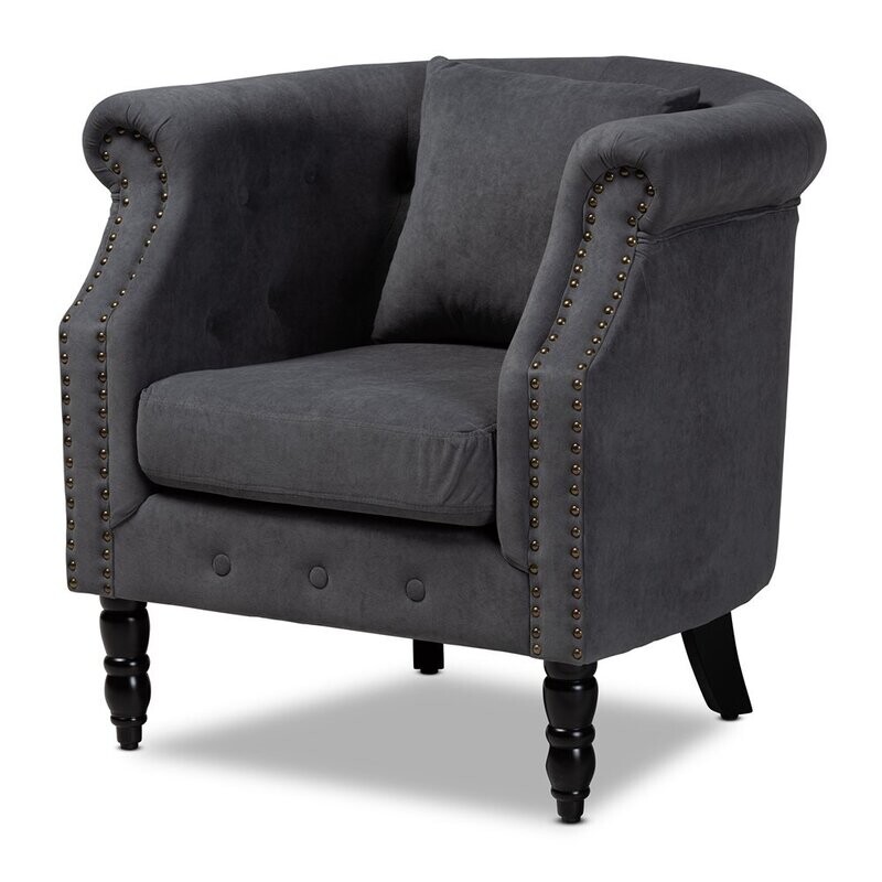 BAXTON STUDIO RENESSA CLASSIC AND TRADITIONAL GREY VELVET FABRIC UPHOLSTERED AND DARK BROWN FINISHED WOOD ARMCHAIR