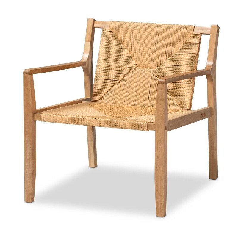 BAXTON STUDIO DELANEY MID-CENTURY MODERN OAK BROWN FINISHED WOOD AND HEMP ACCENT CHAIR
