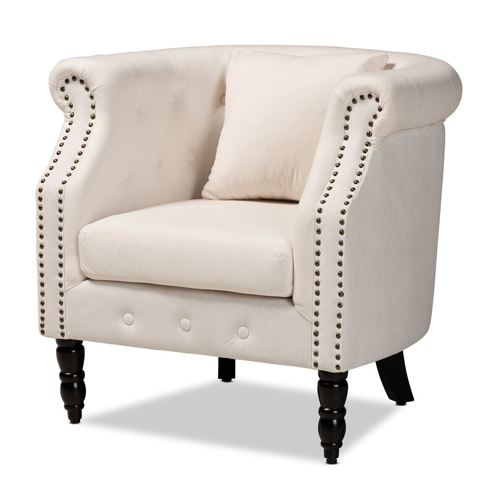 BAXTON STUDIO RENESSA CLASSIC AND TRADITIONAL BEIGE VELVET FABRIC UPHOLSTERED AND DARK BROWN FINISHED WOOD ARMCHAIR