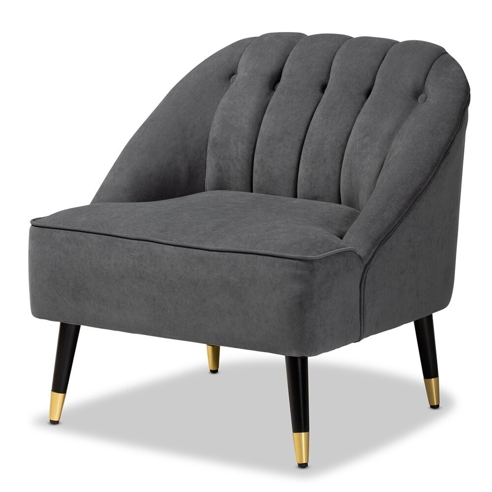 BAXTON STUDIO ELLARD MODERN AND CONTEMPORARY GREY VELVET FABRIC UPHOLSTERED AND TWO-TONE DARK BROWN AND GOLD FINISHED WOOD ACCENT CHAIR