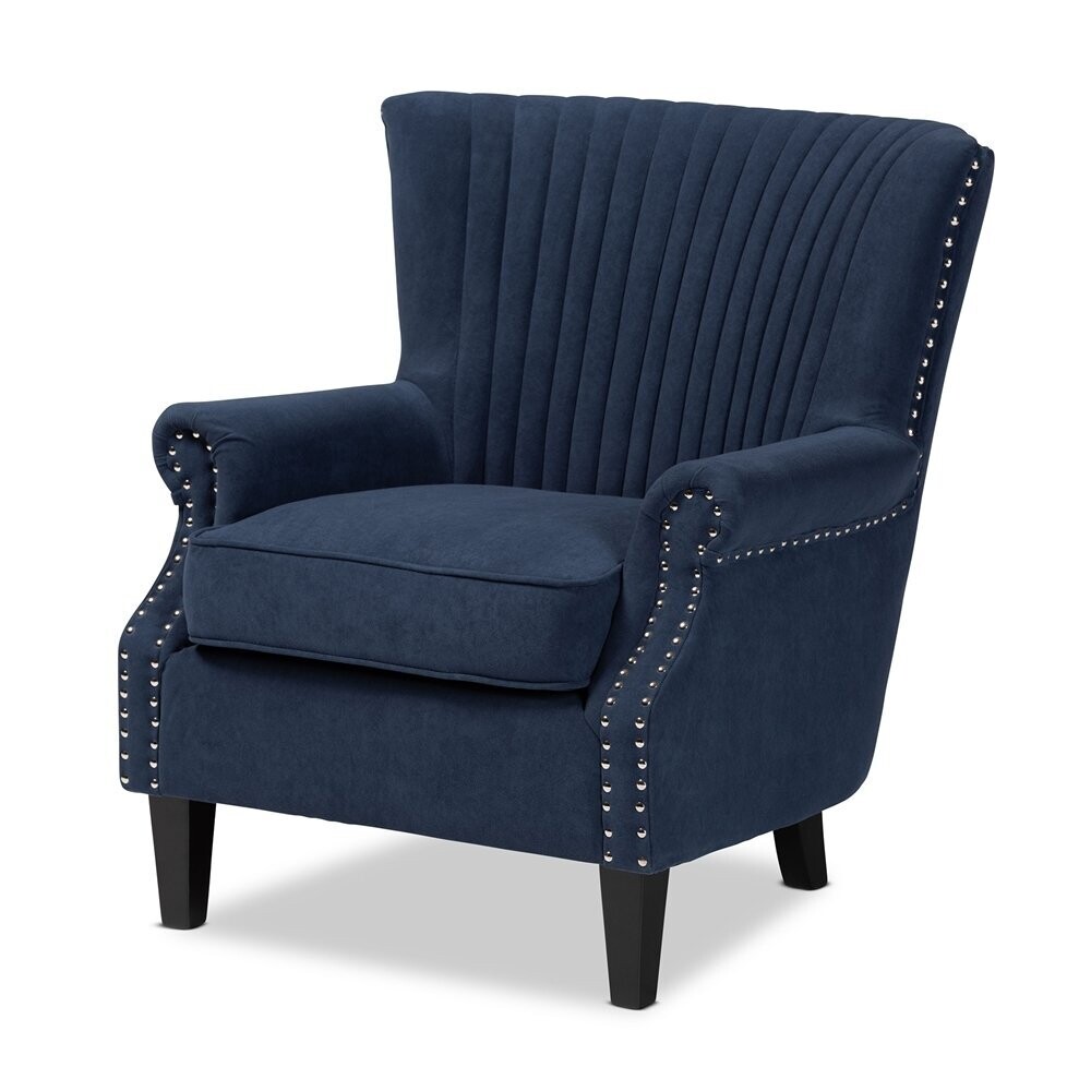 BAXTON STUDIO WILHELM CLASSIC AND TRADITIONAL NAVY BLUE VELVET FABRIC UPHOLSTERED AND DARK BROWN FINISHED WOOD ARMCHAIR