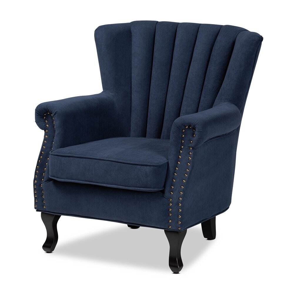 BAXTON STUDIO RELENA CLASSIC AND TRADITIONAL NAVY BLUE VELVET FABRIC UPHOLSTERED AND DARK BROWN FINISHED WOOD ARMCHAIR