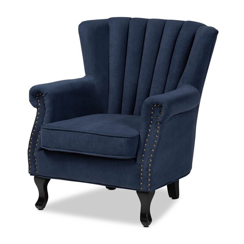 BAXTON STUDIO RELENA CLASSIC AND TRADITIONAL NAVY BLUE VELVET FABRIC UPHOLSTERED AND DARK BROWN FINISHED WOOD ARMCHAIR