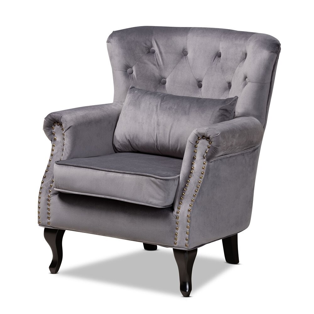 BAXTON STUDIO FLETCHER CLASSIC AND TRADITIONAL GREY VELVET FABRIC UPHOLSTERED AND DARK BROWN FINISHED WOOD ARMCHAIR