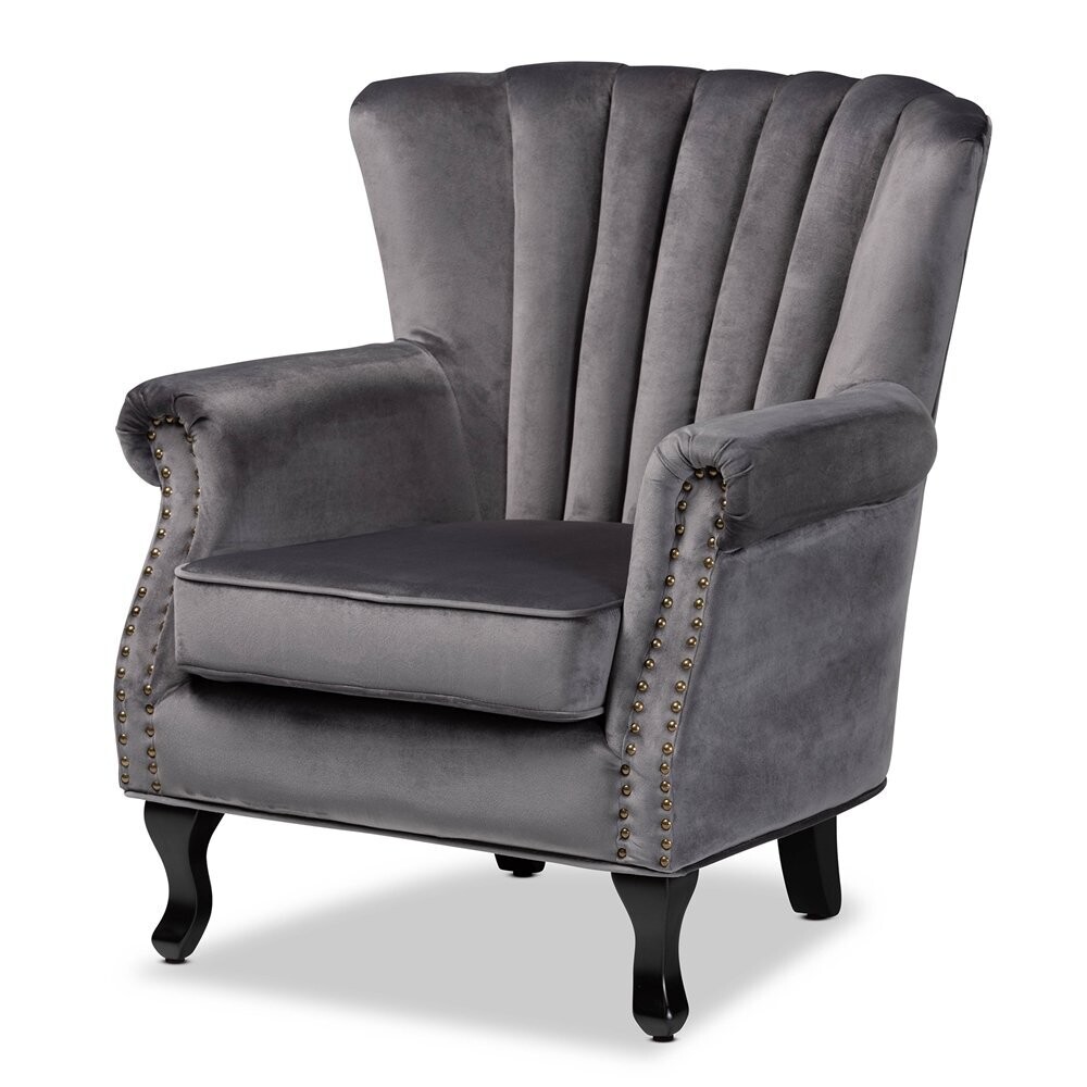 BAXTON STUDIO RELENA CLASSIC AND TRADITIONAL GREY VELVET FABRIC UPHOLSTERED AND DARK BROWN FINISHED WOOD ARMCHAIR