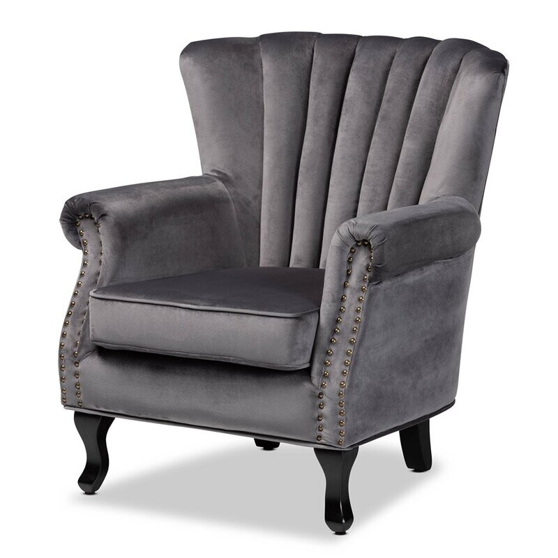 BAXTON STUDIO RELENA CLASSIC AND TRADITIONAL GREY VELVET FABRIC UPHOLSTERED AND DARK BROWN FINISHED WOOD ARMCHAIR