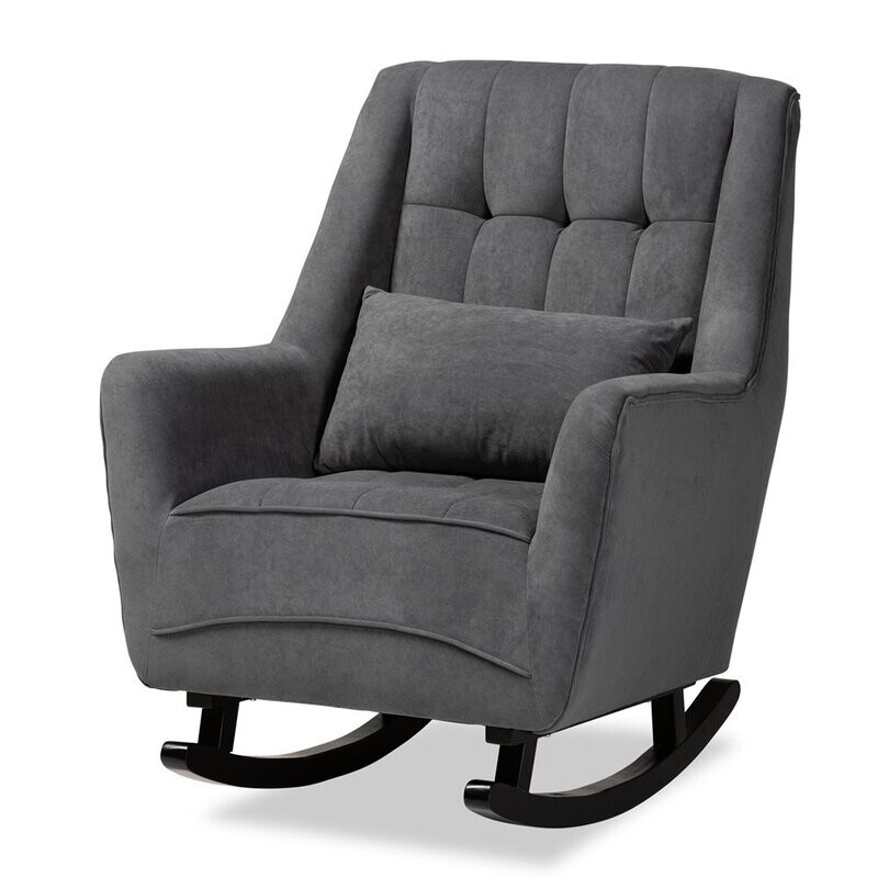 BAXTON STUDIO ELISA MODERN AND CONTEMPORARY GREY FABRIC UPHOLSTERED AND DARK BROWN FINISHED WOOD ROCKING CHAIR