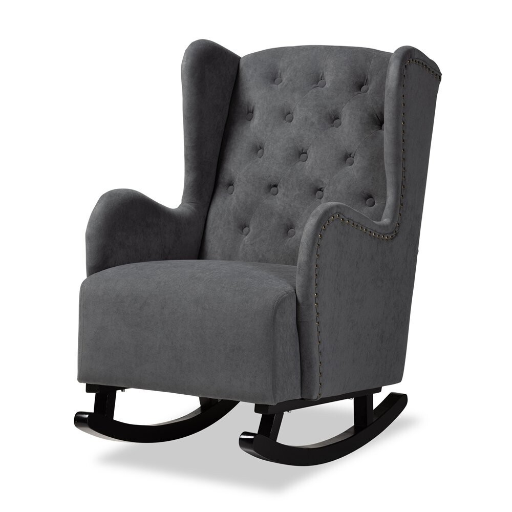 BAXTON STUDIO JAMIR CLASSIC AND TRADITIONAL GREY FABRIC UPHOLSTERED AND DARK BROWN FINISHED WOOD ROCKING CHAIR