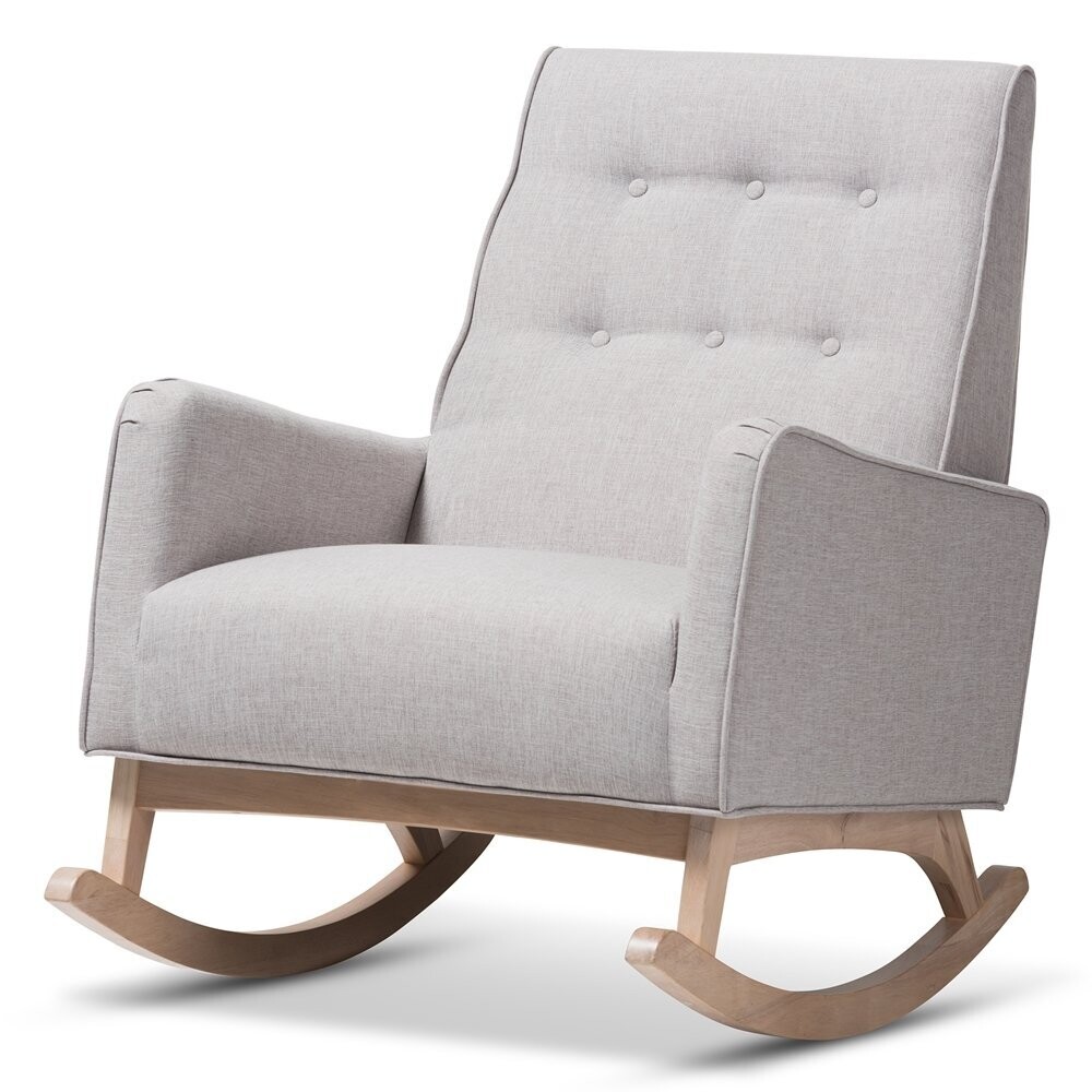 BAXTON STUDIO MARLENA MID-CENTURY MODERN GREYISH BEIGE FABRIC UPHOLSTERED WHITEWASH WOOD ROCKING CHAIR