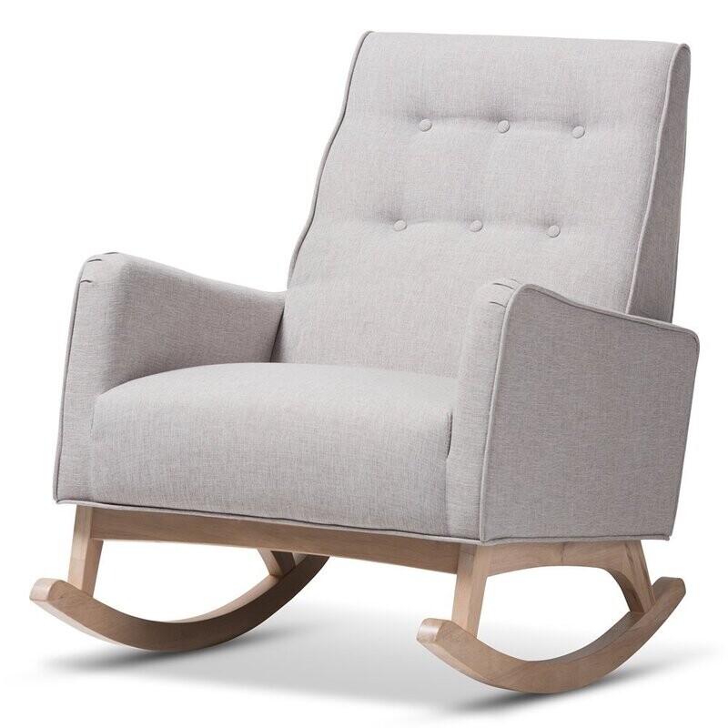 BAXTON STUDIO MARLENA MID-CENTURY MODERN GREYISH BEIGE FABRIC UPHOLSTERED WHITEWASH WOOD ROCKING CHAIR