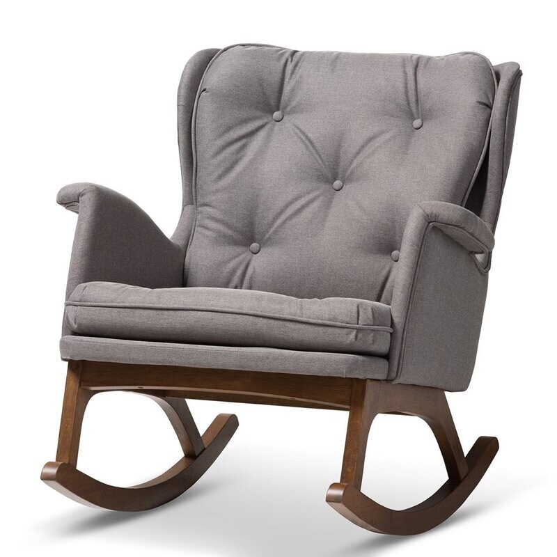 BAXTON STUDIO MAGGIE MID-CENTURY MODERN GREY FABRIC UPHOLSTERED WALNUT-FINISHED ROCKING CHAIR