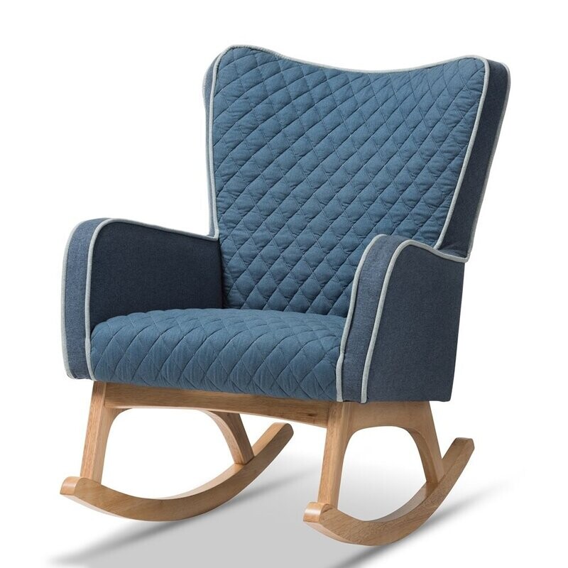 BAXTON STUDIO ZOELLE MID-CENTURY MODERN BLUE FABRIC UPHOLSTERED NATURAL FINISHED ROCKING CHAIR