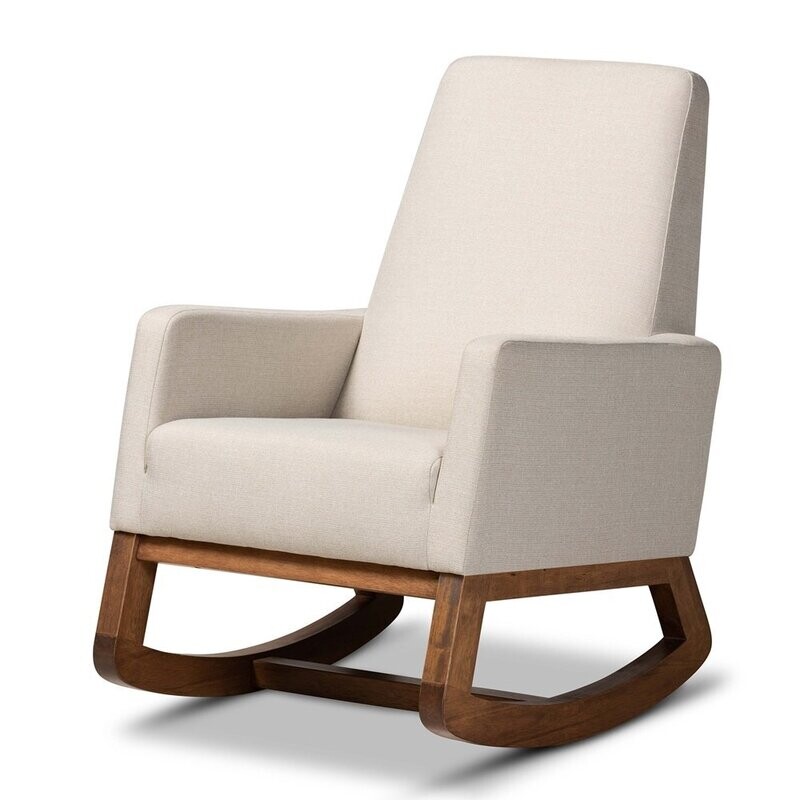 BAXTON STUDIO YASHIYA MID-CENTURY RETRO MODERN LIGHT BEIGE FABRIC UPHOLSTERED ROCKING CHAIR