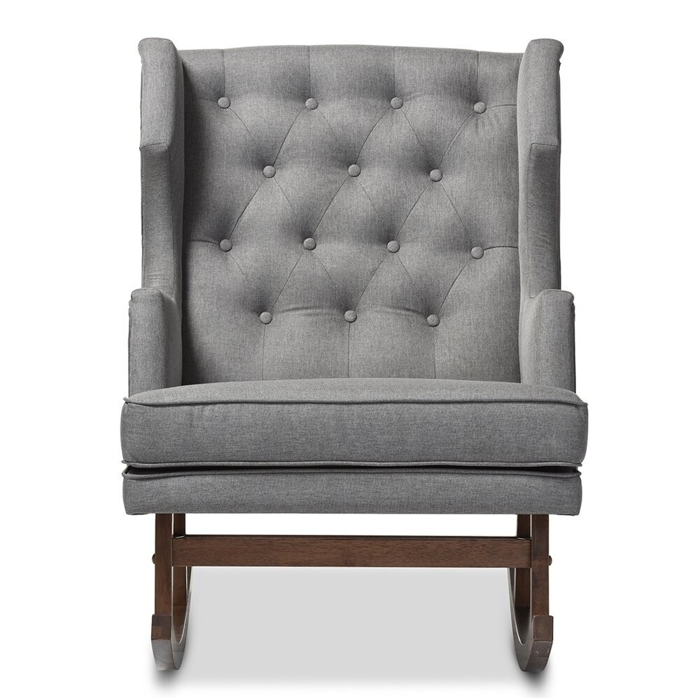 BAXTON STUDIO IONA MID-CENTURY RETRO MODERN GREY FABRIC UPHOLSTERED BUTTON-TUFTED WINGBACK ROCKING CHAIR