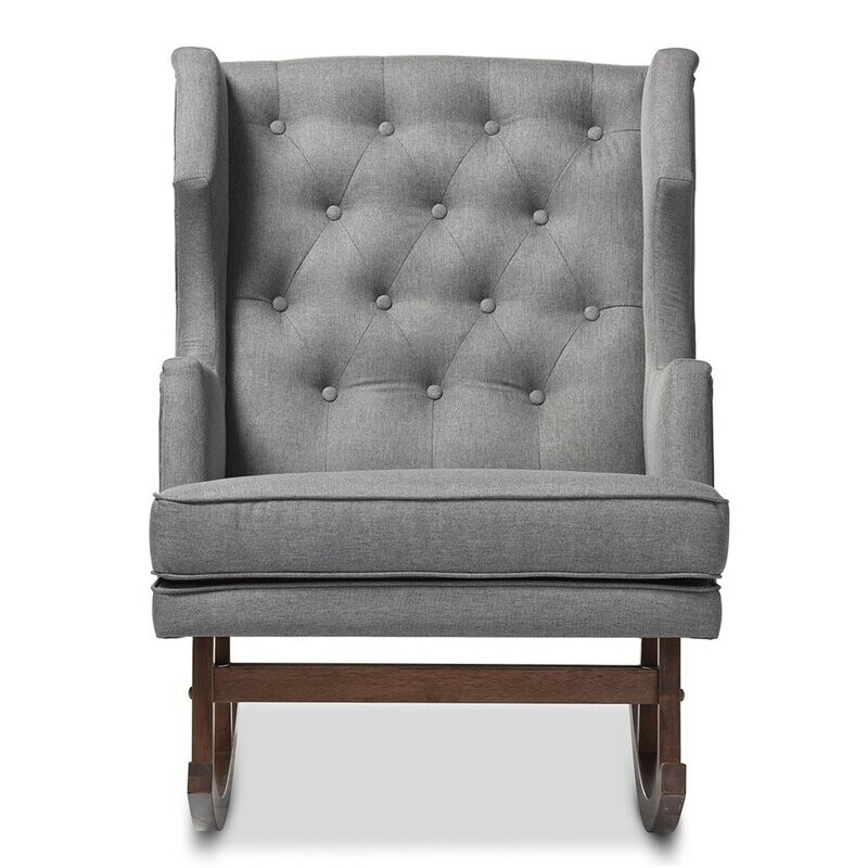 BAXTON STUDIO IONA MID-CENTURY RETRO MODERN GREY FABRIC UPHOLSTERED BUTTON-TUFTED WINGBACK ROCKING CHAIR