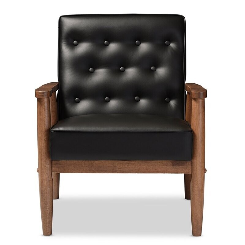 BAXTON STUDIO SORRENTO MID-CENTURY RETRO MODERN BLACK FAUX LEATHER UPHOLSTERED WOODEN LOUNGE CHAIR