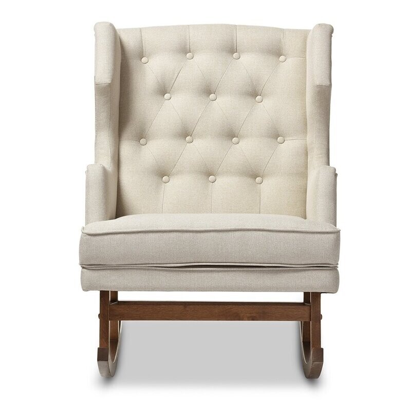 BAXTON STUDIO IONA MID-CENTURY RETRO MODERN LIGHT BEIGE FABRIC UPHOLSTERED BUTTON-TUFTED WINGBACK ROCKING CHAIR