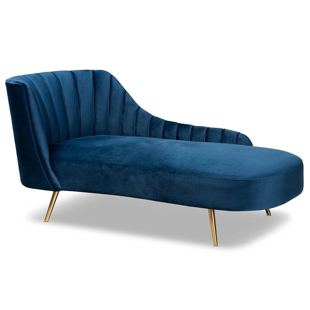 BAXTON STUDIO KAILYN GLAM AND LUXE NAVY BLUE VELVET FABRIC UPHOLSTERED AND GOLD FINISHED CHAISE