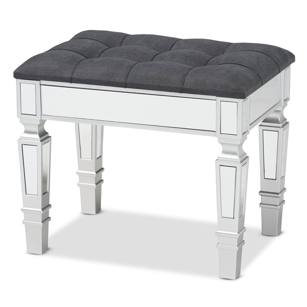 BAXTON STUDIO HEDIA CONTEMPORARY GLAM AND LUXE GREY FABRIC UPHOLSTERED AND SILVER FINISHED WOOD OTTOMAN