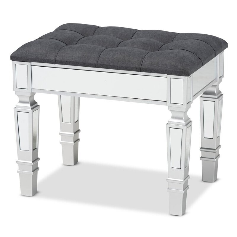 BAXTON STUDIO HEDIA CONTEMPORARY GLAM AND LUXE GREY FABRIC UPHOLSTERED AND SILVER FINISHED WOOD OTTOMAN