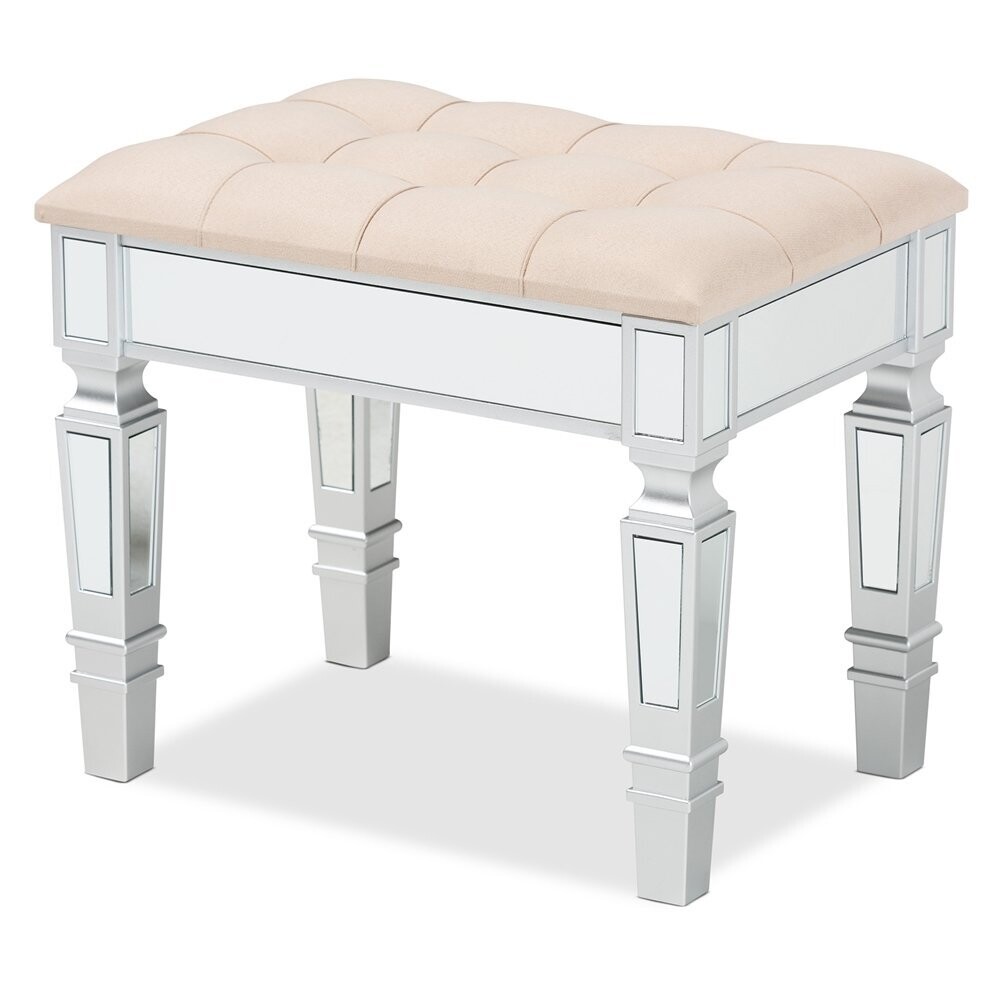 BAXTON STUDIO HEDIA CONTEMPORARY GLAM AND LUXE BEIGE FABRIC UPHOLSTERED AND SILVER FINISHED WOOD OTTOMAN