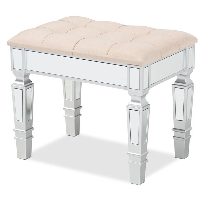 BAXTON STUDIO HEDIA CONTEMPORARY GLAM AND LUXE BEIGE FABRIC UPHOLSTERED AND SILVER FINISHED WOOD OTTOMAN